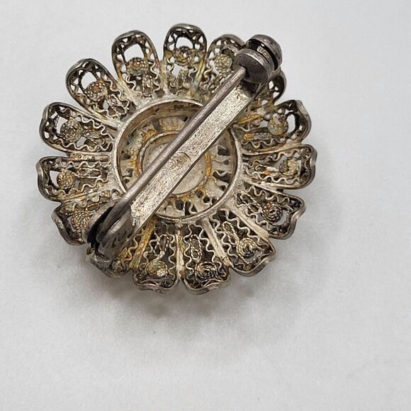 Antique Vintage Sterling Silver Floral Filigree Brooch 1in - Picture 2 of 2